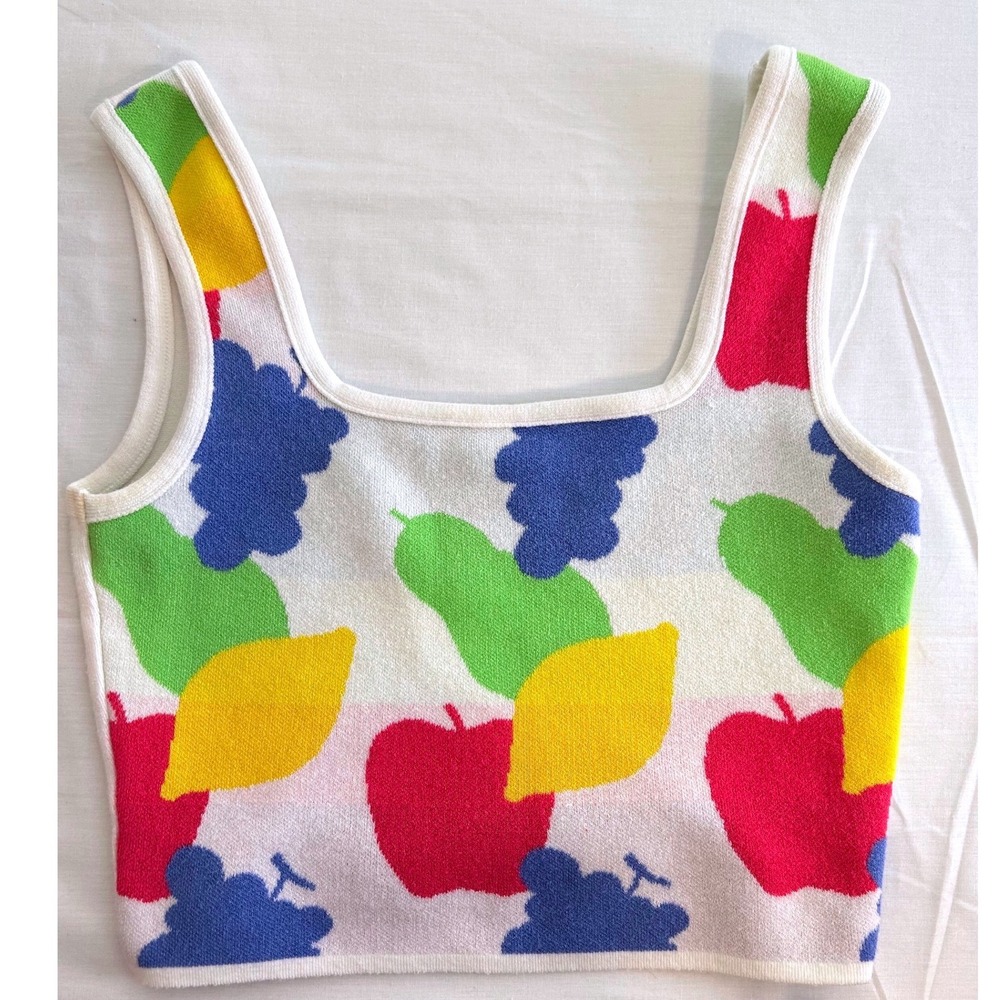 Debut Fruit Print Knit Crop Tank Top Square Neck Multi Color‎ Made in USA